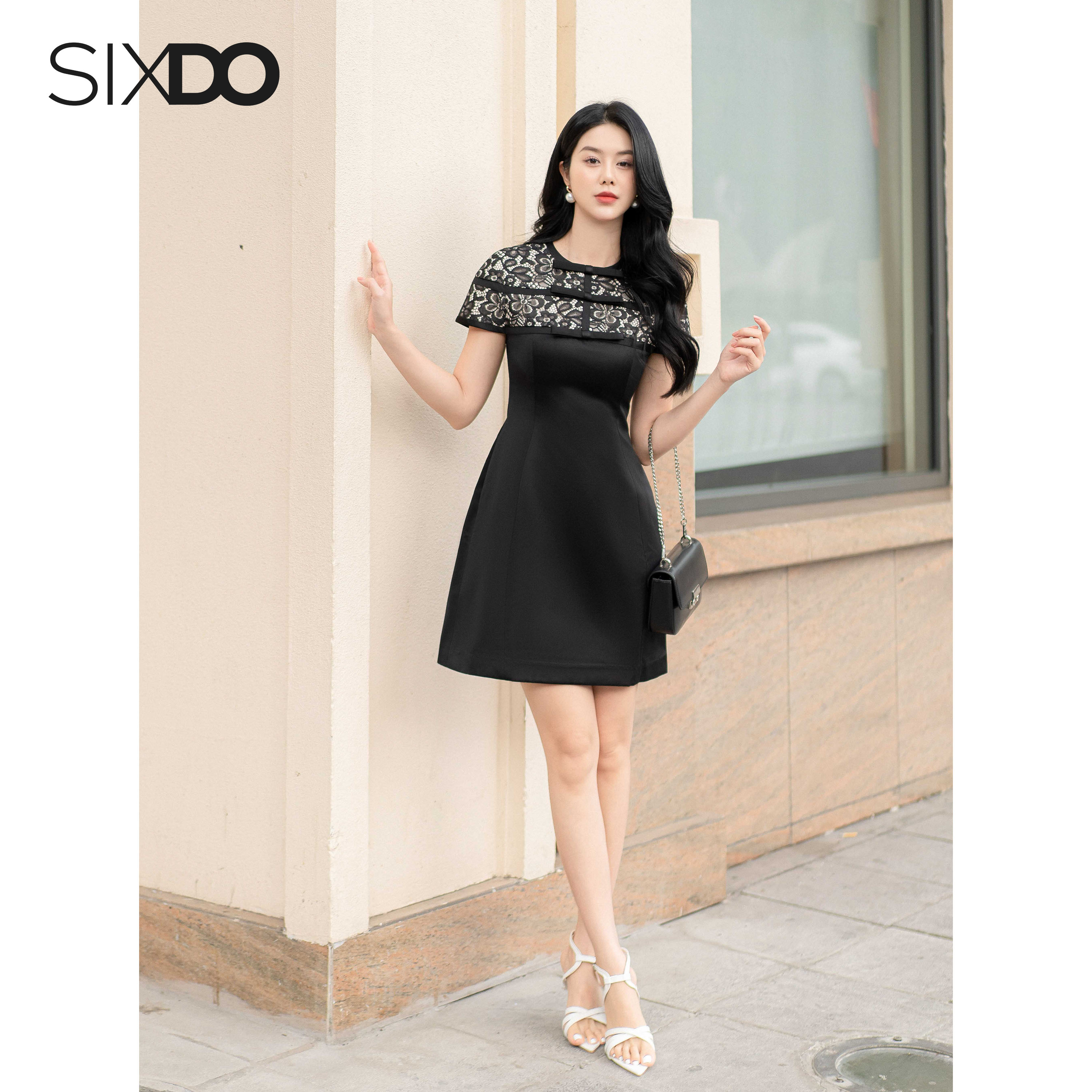 Đầm taffeta ngắn tay phối ren SIXDO (Black Short Sleeves Mini Taffeta Dress)
