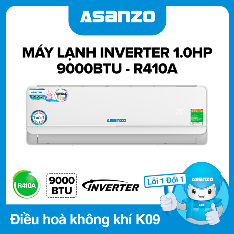 Máy Lạnh Asanzo K09A Inverter 9000BTU (1.0HP) Phù Hợp Diện Tích 15m² (Siêu Tiết Kiệm, Làm Lạnh Nhanh, Tự Điều Chỉnh Nhiệt Độ, Lọc Không Khí) Máy lạnh giá rẻ - Bảo Hành 2 Năm