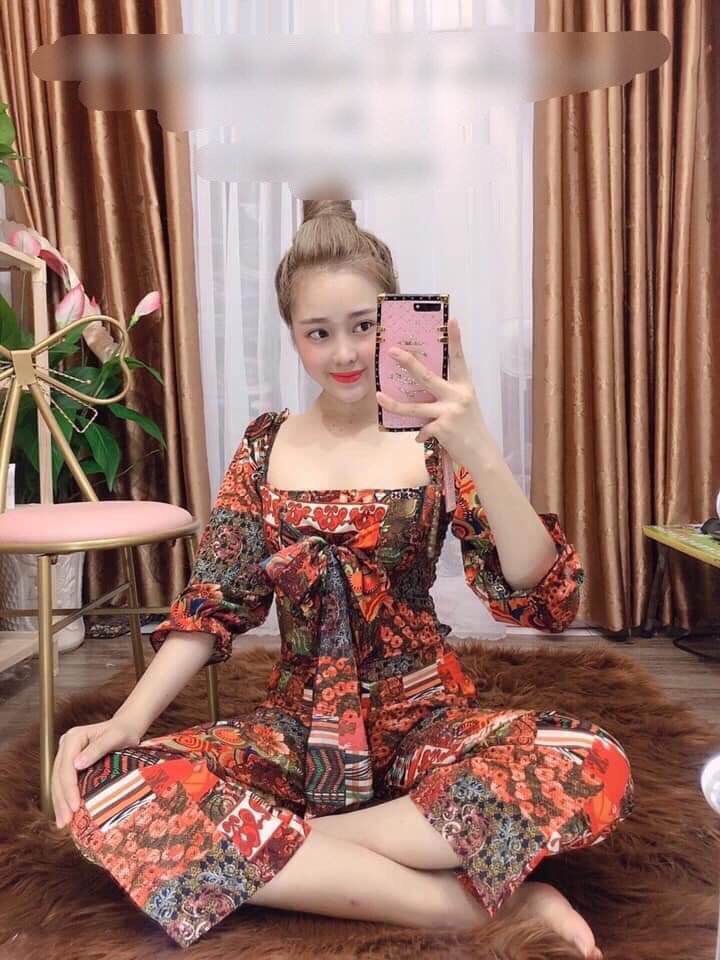 [HCM]Set bộ nữ thổ cẩm áo cổ vuông nơ ngực tay lỡ quần dài ống suông