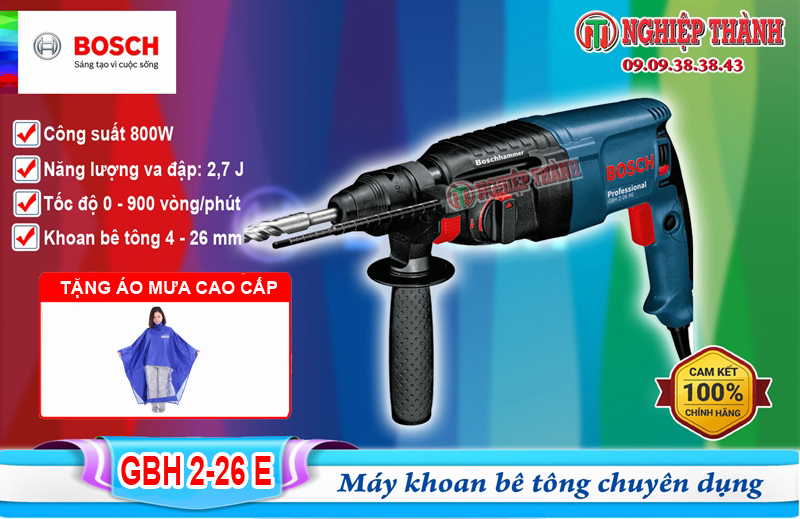 Máy khoan bê tông BOSCH GBH 2-26E 800w HÀNG CHÍNH HÃNG Tặng áo mưa cao cấp