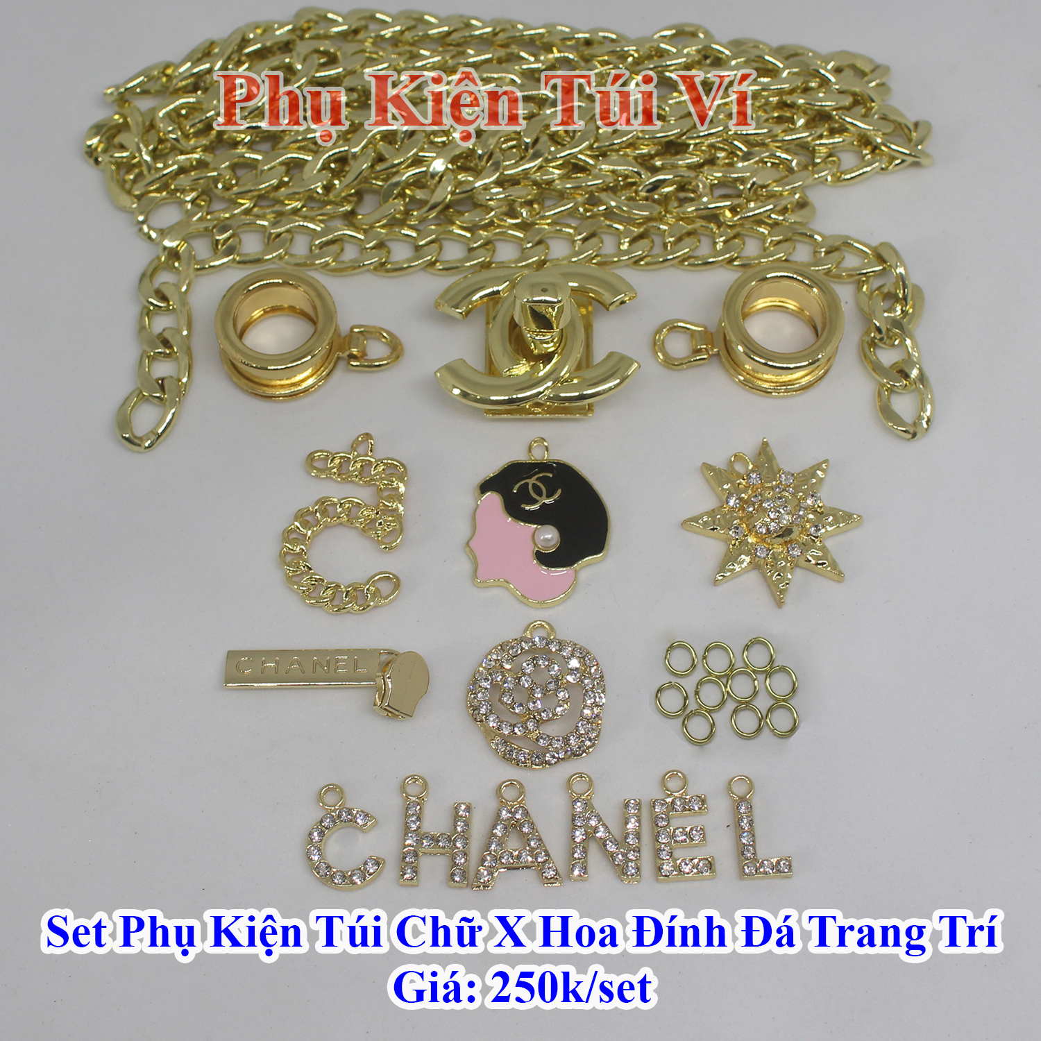 Set phụ kiện túi chữ X hoa đính đá trang trí