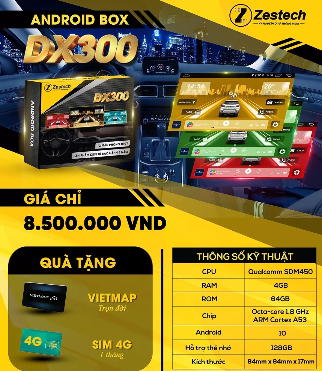 Carplay Android Box Zestech DX300 (Giao diện phong thủy, BH 5 năm, Tặng Sim 4G, Vietmap bản quyền, Kiki)