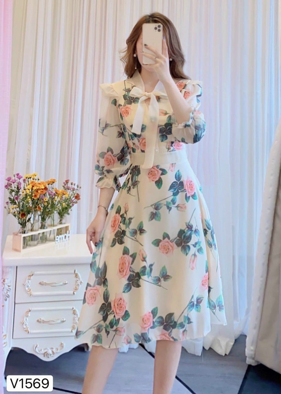 Đầm hoa nơ phối voan-QH#damnu
