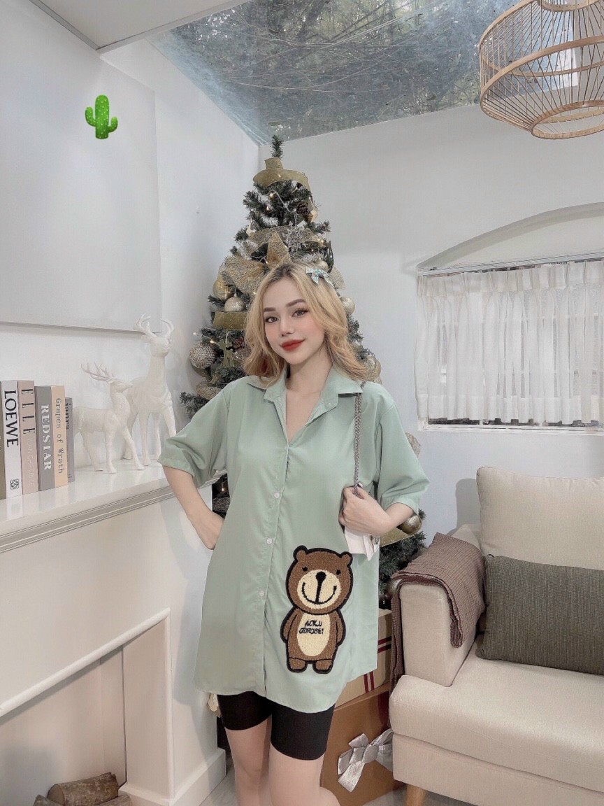 Áo Sơ Mi Form rộng Thêu Gấu Nổi