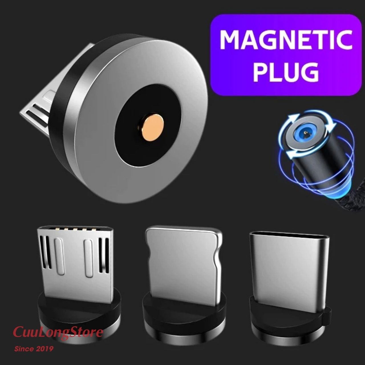Đầu Sạc Nam Châm Từ Tính Lightning Type C Micro USB xoay 360 độ cho điện thoại Android iOS (chỉ có đầu sạc không có dây)
