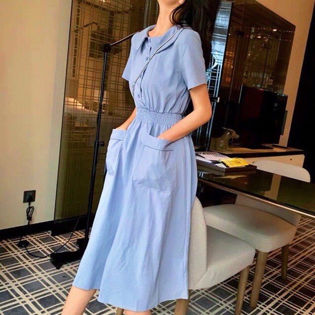 Đầm cổ sen thun eo 2 màu
