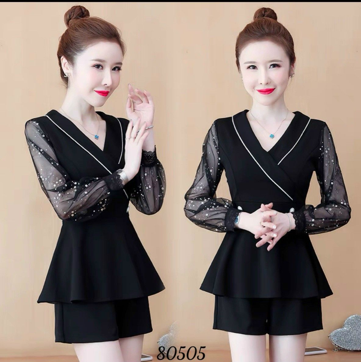 Đồ bộ peplum quần đùi áo cổ vest tay voan duyên dáng size từ 40-70KG