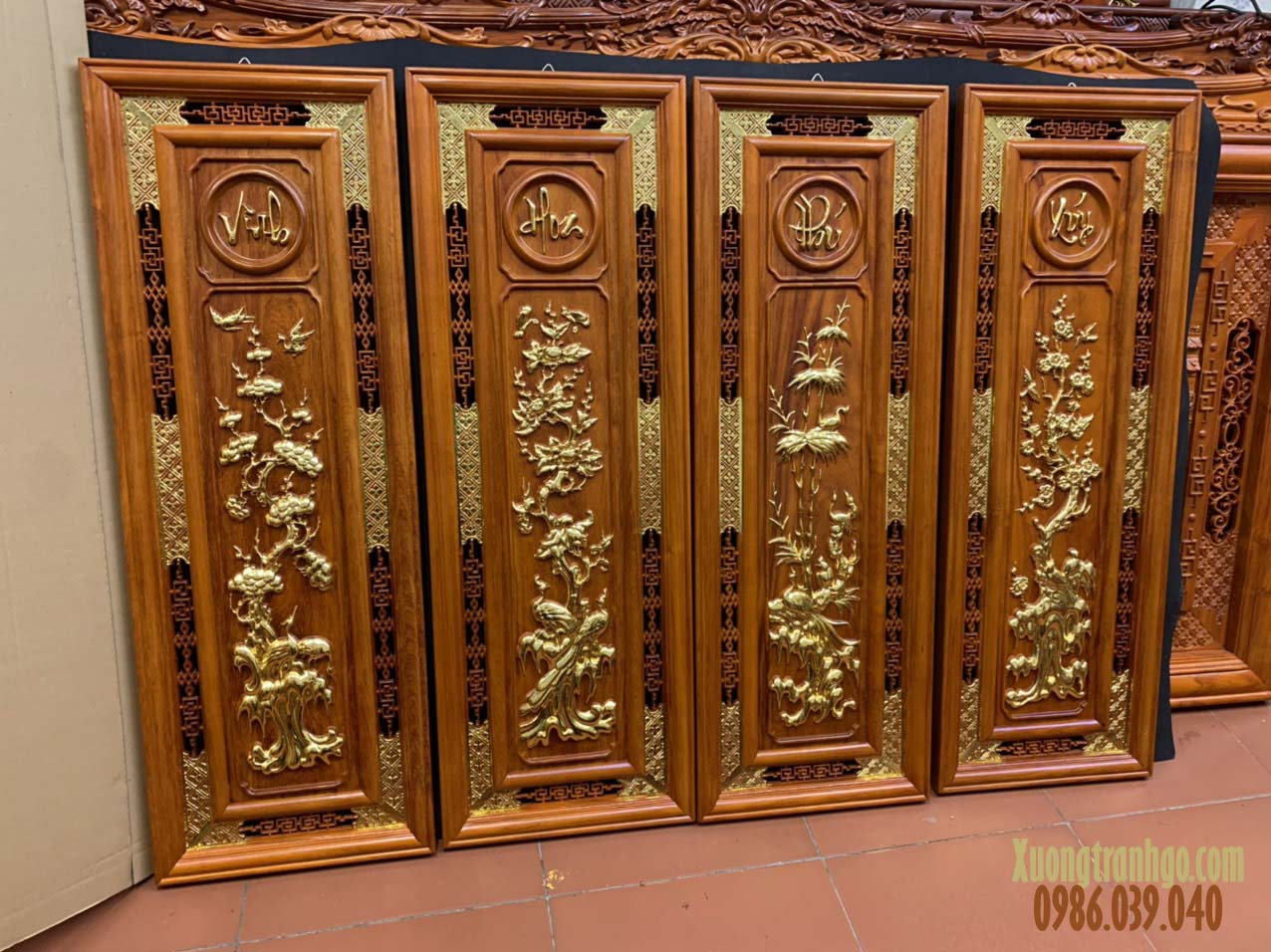 Tranh Tứ Quý (Vinh Hoa Phú Quý) - Gỗ Hương Đỏ Nam Phi Điêu Khắc