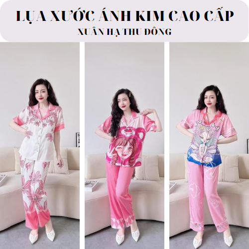 Bộ Pyjama lụa xước ánh kim cao cấp (free size: 45kg đến 65kg) HÀNG THIẾT KẾ MỚI.