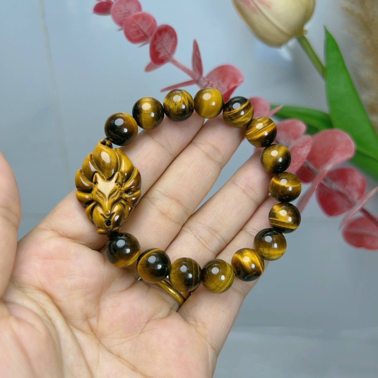 CHUỖI HỒ LI 9 ĐUÔI - Chuỗi tay nữ đá 10 MM mã não mặt hồ ly chín đuôi chạm khắc tinh xảo mang phong thủy bình an (xanh)