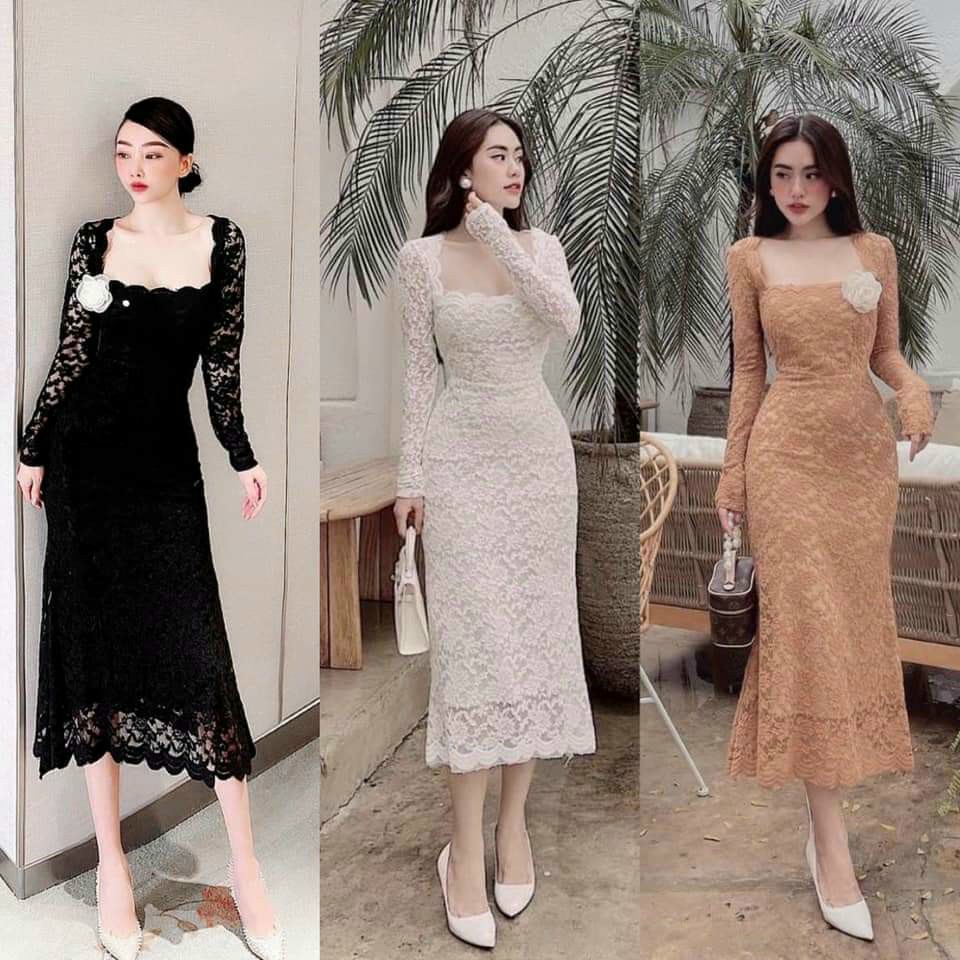 Đầm body tay dài ren đính bông-QH#damnu