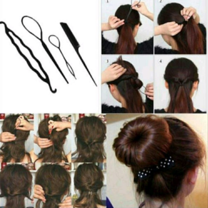 Bộ 4 món dụng cụ làm tóc tạo kiểu phồng rút búi tóc đa năng