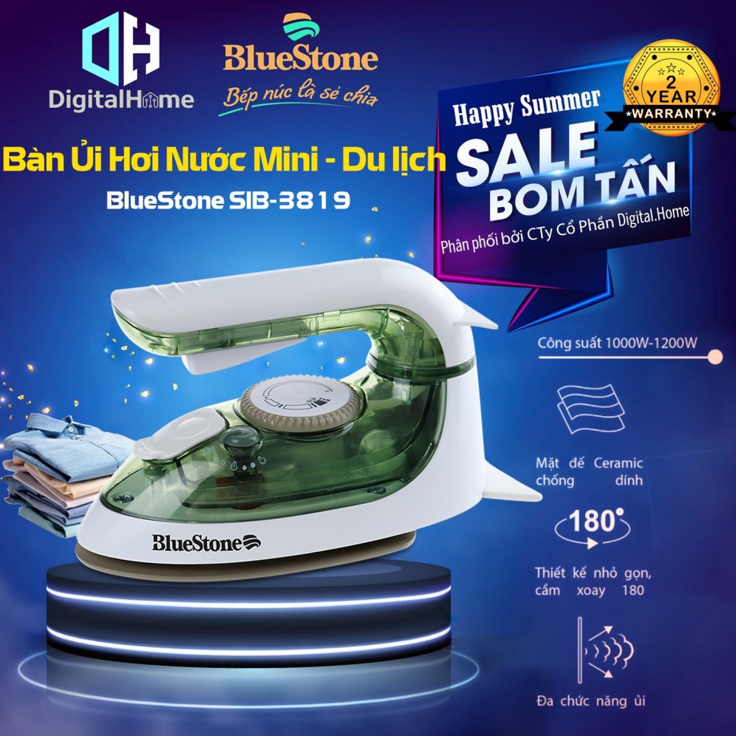 Bàn ủi hơi nước mini BlueStone SIB-3819 Phun Hơi 10g p, Công Suất 1200W