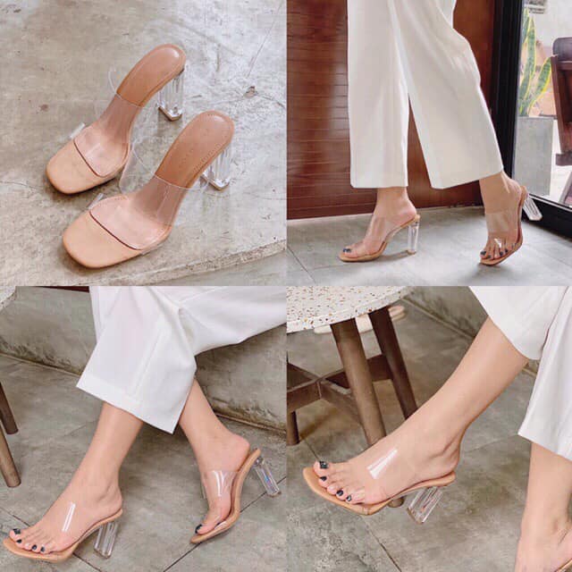 Guốc cao gót 2 quai trong gót pha lê cực sang