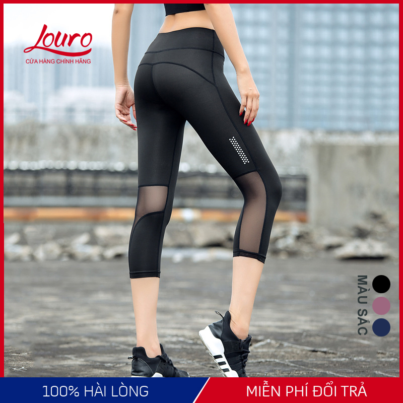 Quần tập gym nữ Louro QL56L, kiểu quần tập gym nữ lửng phối lưới co giãn, thoáng mát