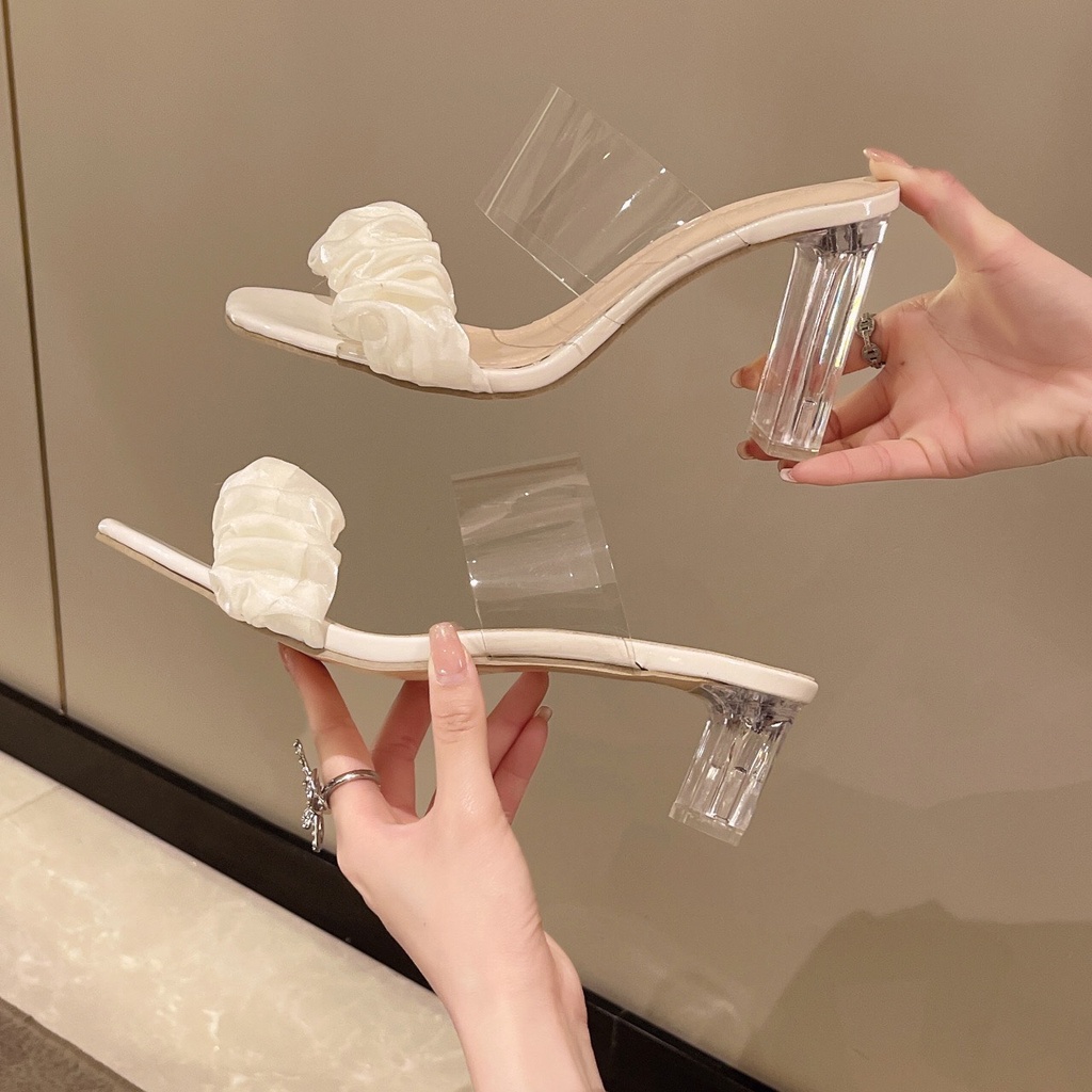 Sandal nữ 7p , guốc cao gót quai ngang nhún bèo phối mika cực đẹp