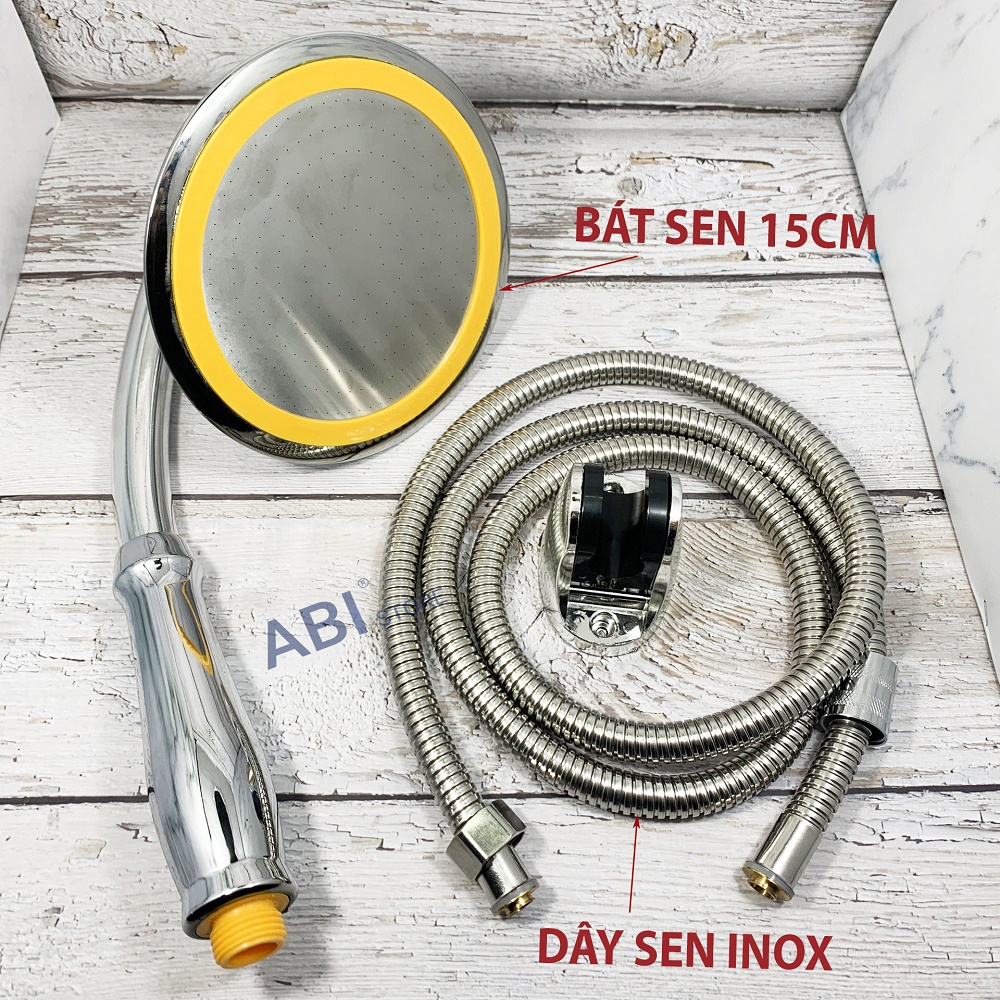 Dây sen inox kèm bát sen 15cm cỡ đại, bộ dây bát sen tắm, vòi hoa sen to tròn