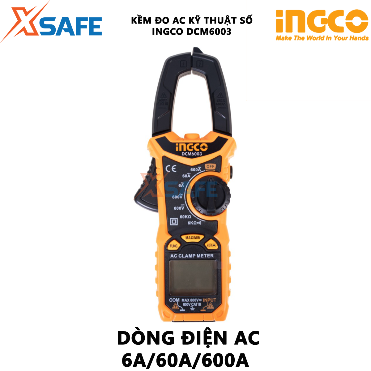 Ampe kìm đo AC kỹ thuật số INGCO DCM6003 | Đồng hồ đo điện AC / DC 6000 Đếm Dữ liệu Giữ Dòng điện AC 10mA ~ 400A/±(2,5% +5) 400A~600A±(3%+5), máy đo kẹp sử dụng để đo dòng điện, điện áp hoặc điện trở