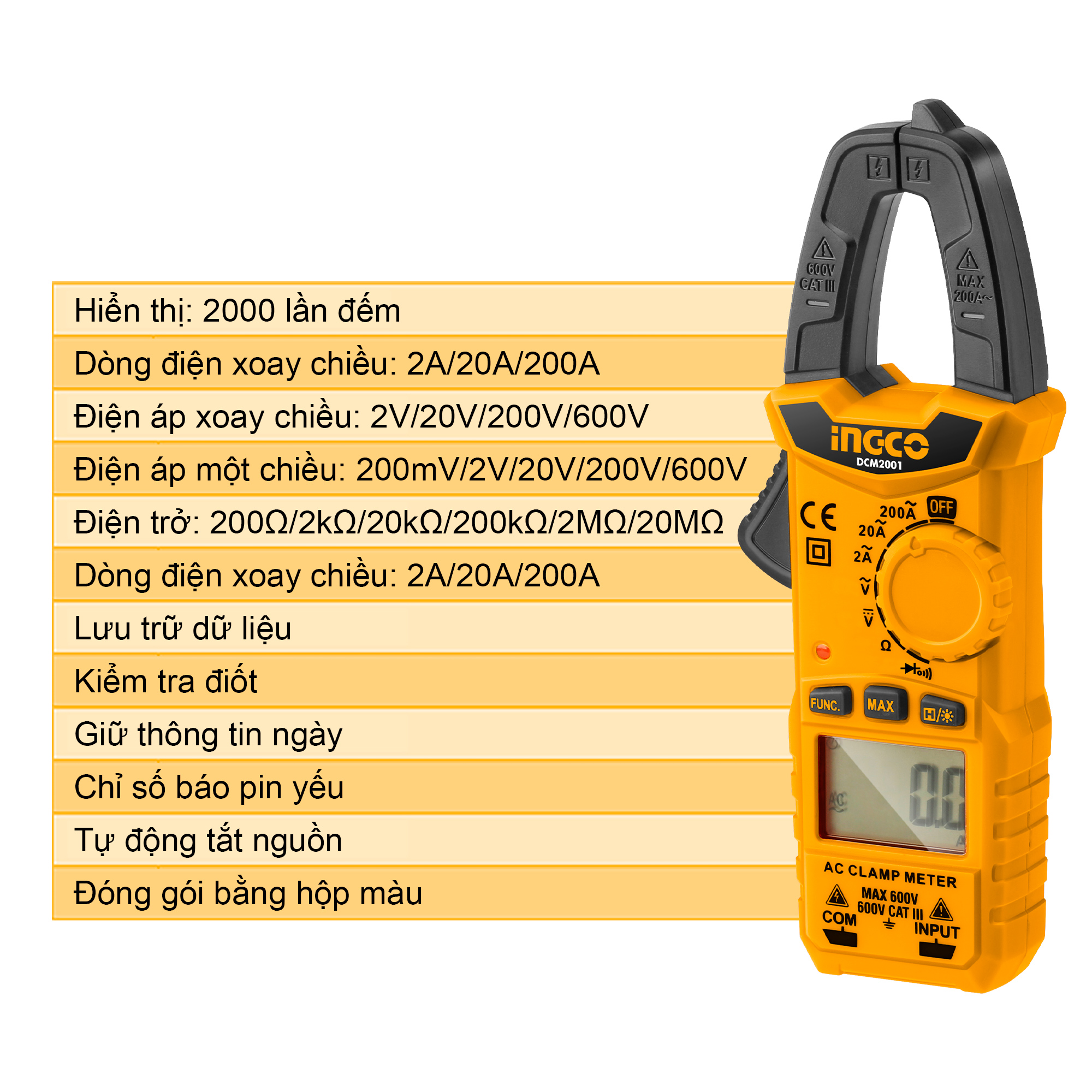 Ampe kìm đo AC kỹ thuật số INGCO DCM2001