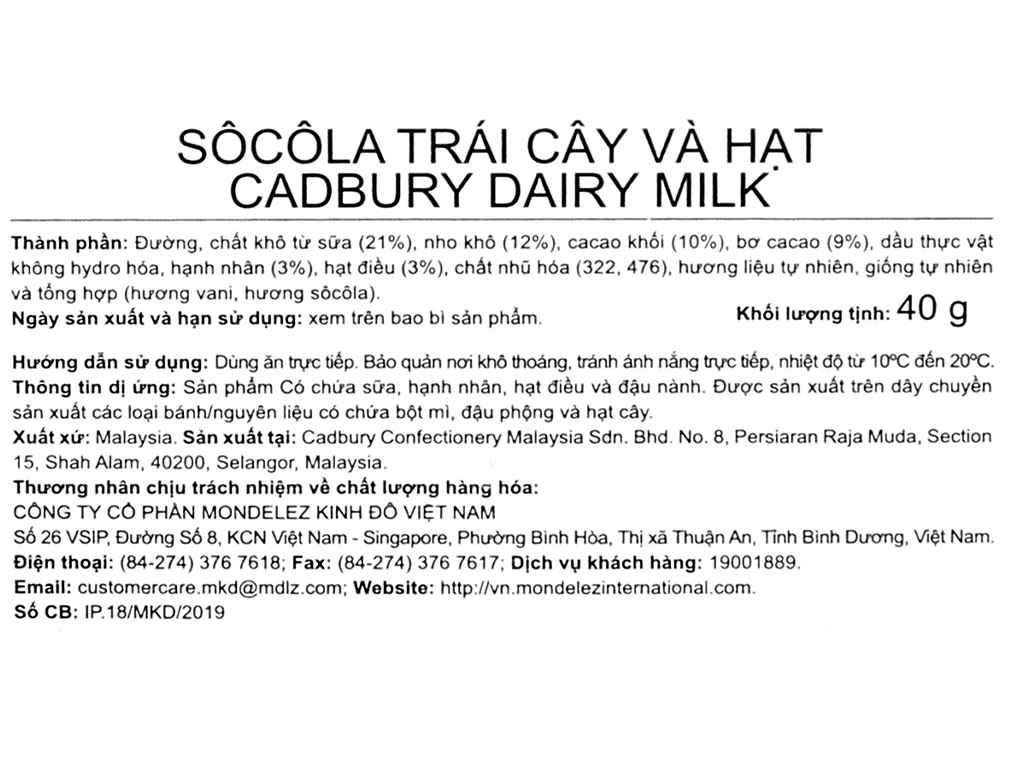 [HCM]2 Socola sữa trái cây Cadbury Dairy Milk (thanh 40g)
