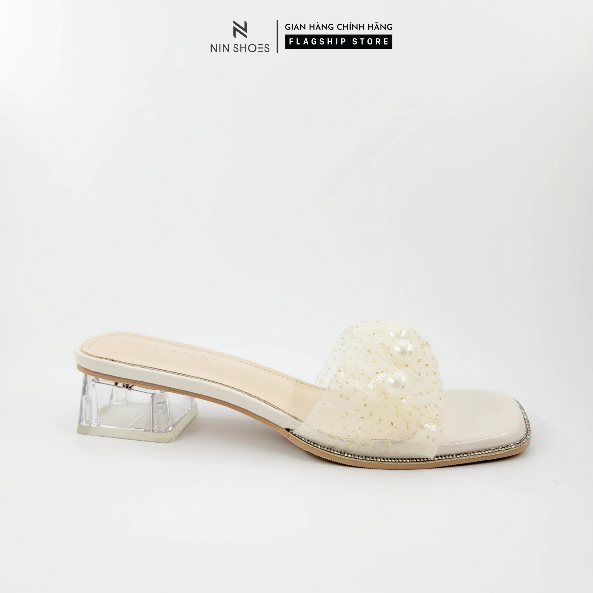 Dép Ninshoes - Guốc lê gót trụ 3p quai mika ngang đính ngọc chân mũi vuông dép đi dạo