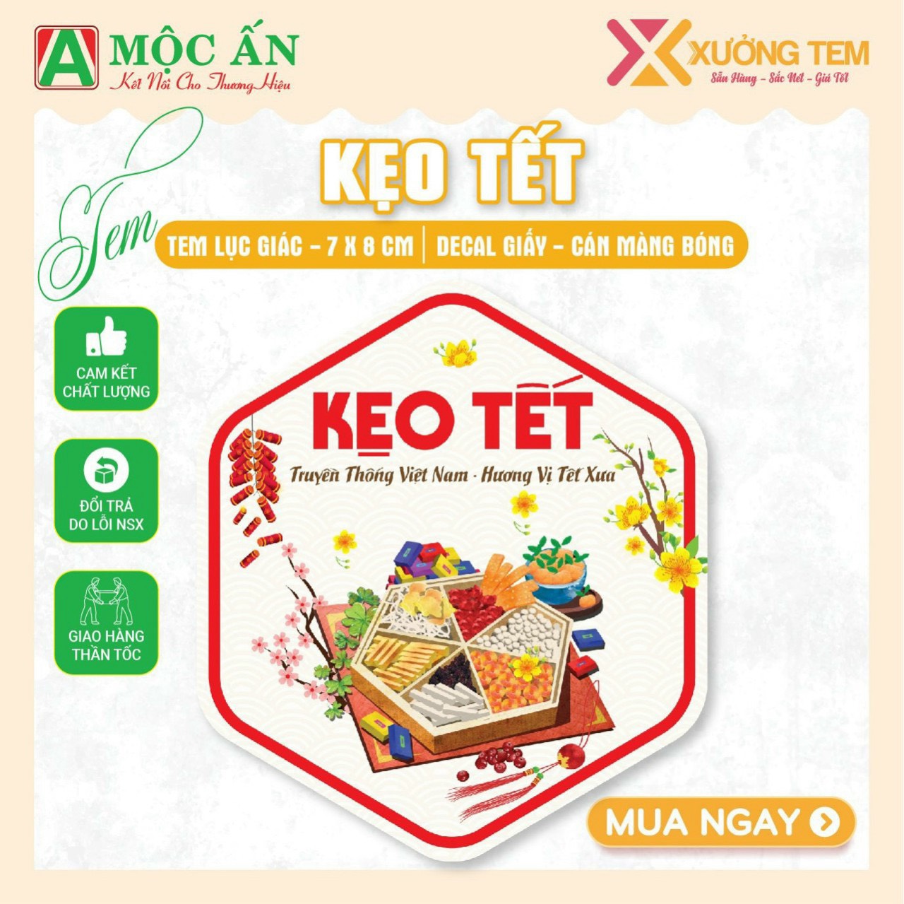 55 tem dán "kẹo tết" - lục giác 7x8cm