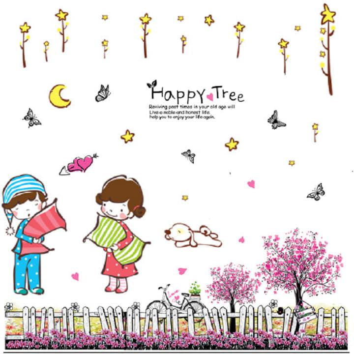 [HCM]DECAL DÁN TƯỜNG BÉ ÔM GỐI VÀ HÀNG RÀO HỒNG