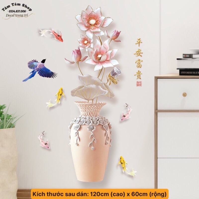 Tranh dán tường,Decal dán tường bình hoa trang trí phòng khách, sẵn keo dán.