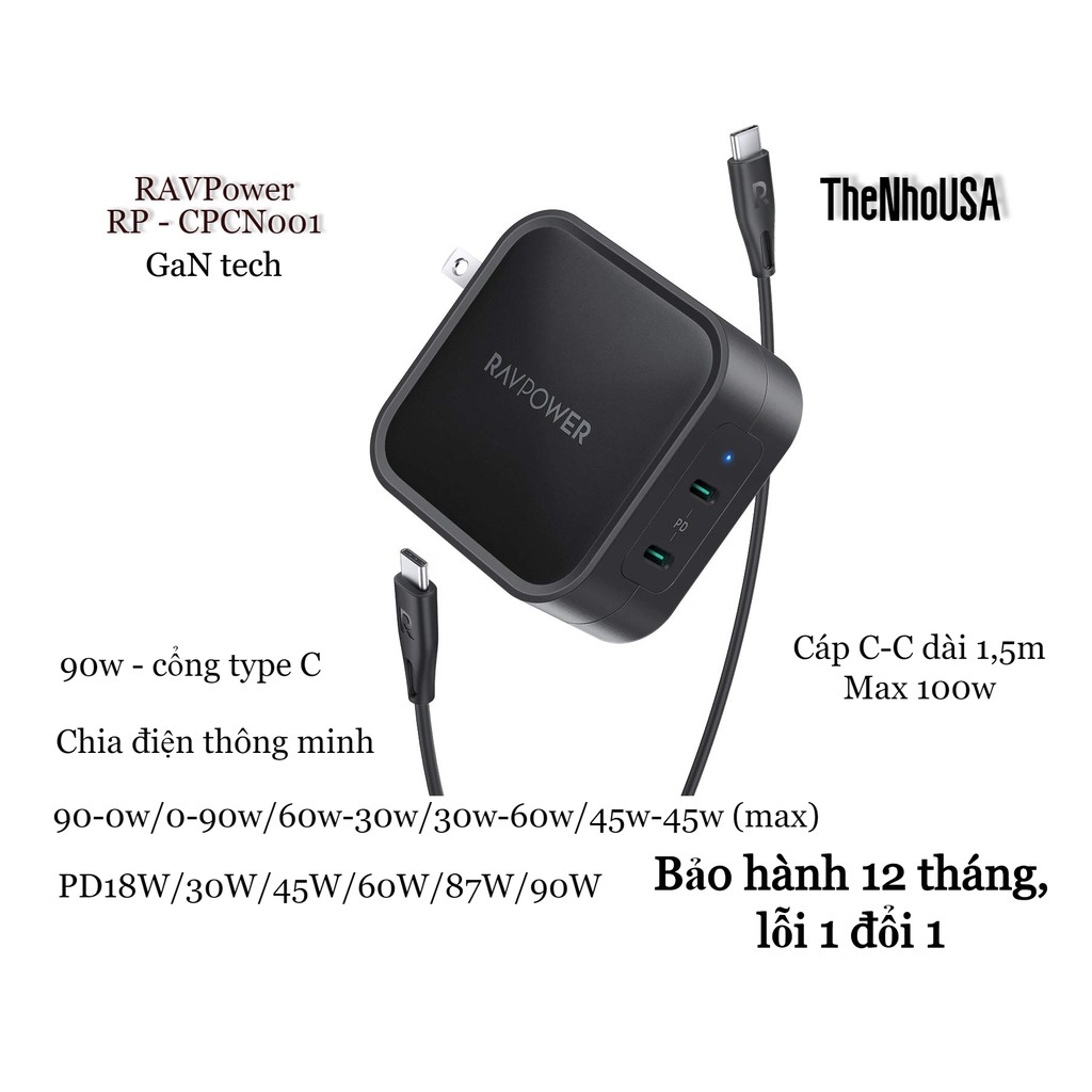 [Nhập LAZSOCIAL100K giảm 15% tối đa 100K]Củ sạc RAVPower 90w - 2 cổng type C (GaN tech) RP - CPCN001