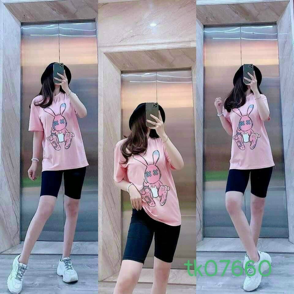 ĐỒ BỘ THUN COTTON LẠNH NỮ QUẦN ÔM, ÁO TAY LỠ IN HÌNH THỎ SIÊU CUTE MẶC Ở NHÀ, DẠO PHỐ SIÊU CHẤT CHO MÙA HÈ