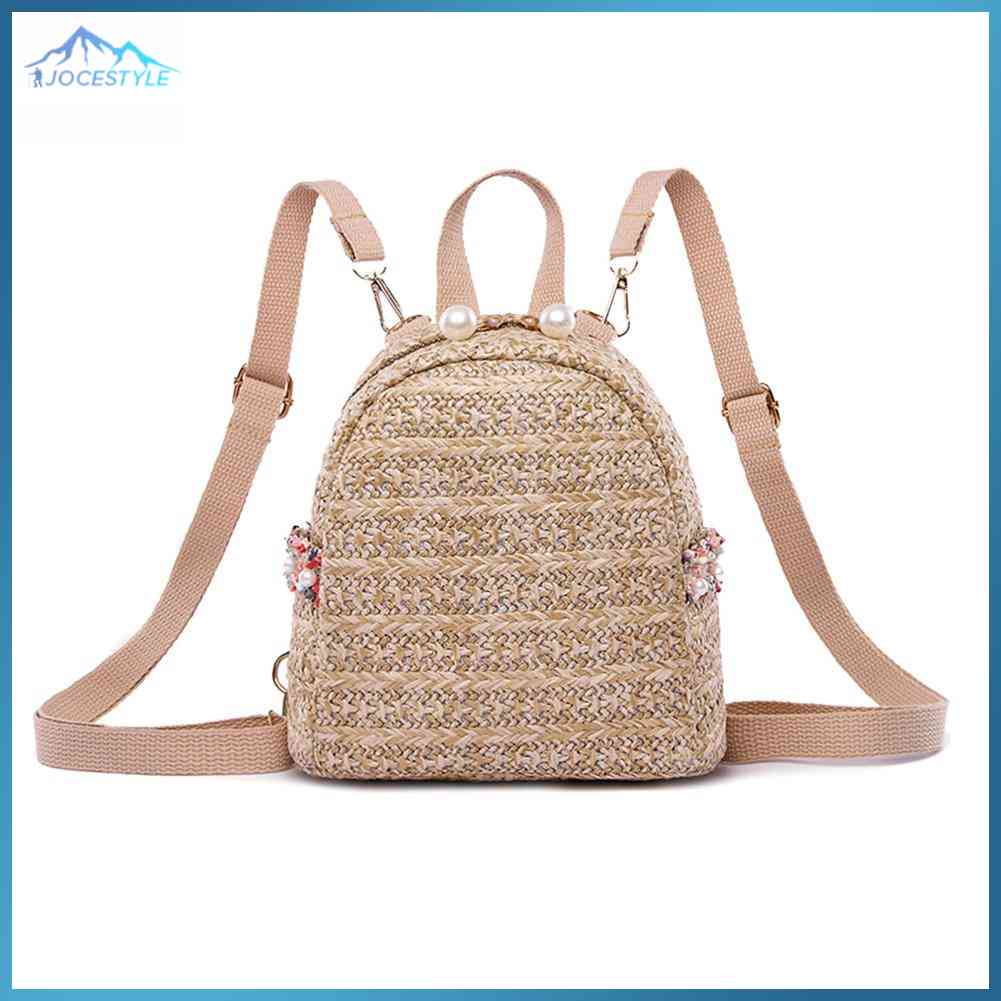 Fashion Straw Pearl Backpack Women Girls Travel Casual Shoulder Schoolbags