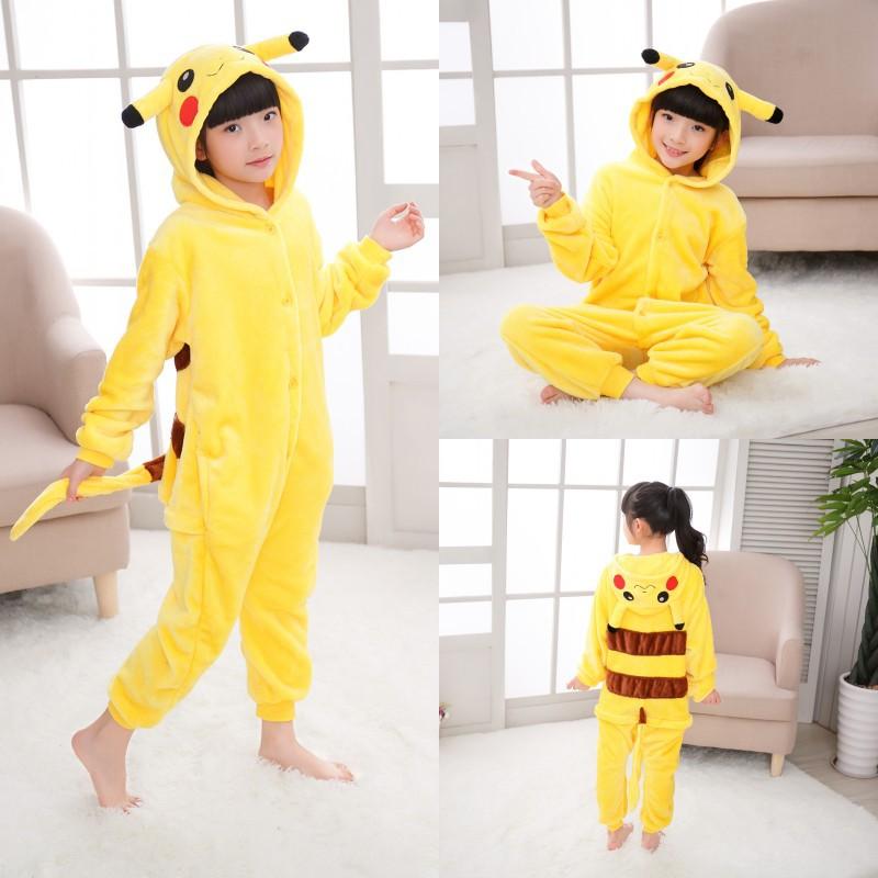 HCMBộ áo liền quần bằng lông hình thú Pikachu cho bé 3-12 tuổi