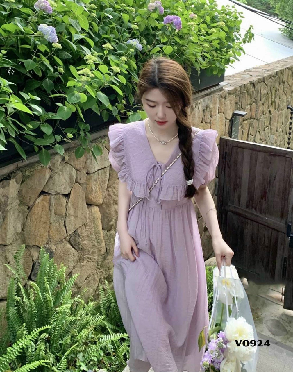 đầm cổ bèo cột nơ xinh xắn