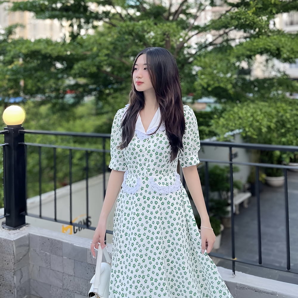 [NHẬP MÃ NOVFALAZSOCIAL02 GIẢM 40K ĐƠN 199K  ] Đầm Maybi gài nút xòe lụa cổ đan-tông phối ren
