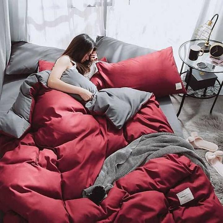 Trọn Bộ Chăn Ga Gối Cotton Tici Xuất Nhật Màu Đỏ Đô Basic, Mát Mịn
