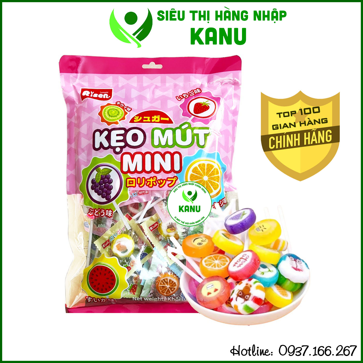 Kẹo mút vị trái cây chua ngọt Risen USA 300g cho bé ăn vặt siêu ngon