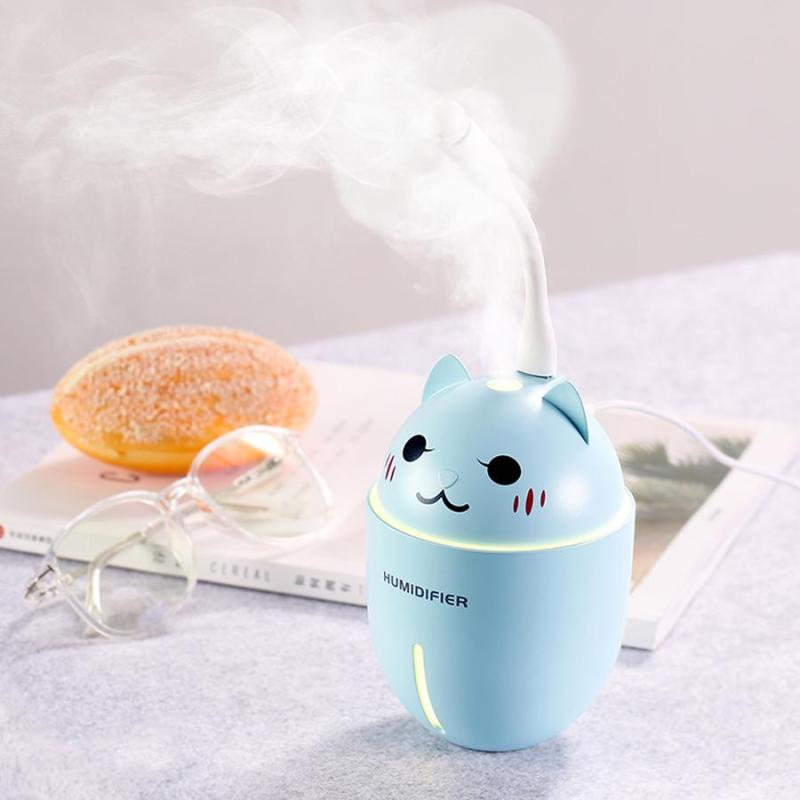 Máy tạo ẩm, phun sương khuếch tán tinh dầu hình mèo có đèn Led, quạt mini USB