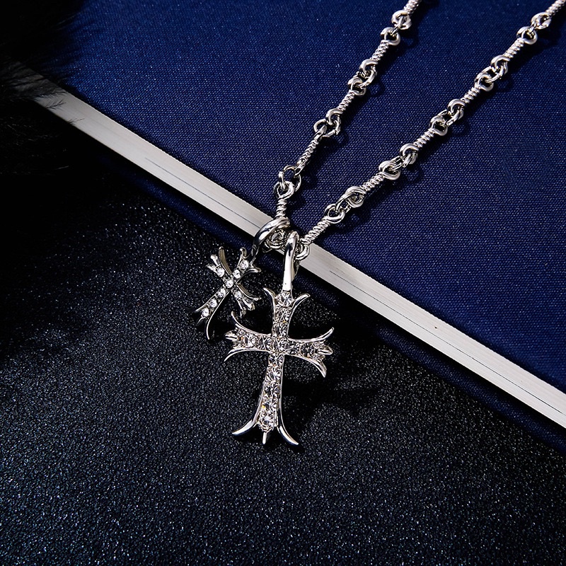 Premium 925 silver plated double cross chrome heart pendant necklace full box-shop unique & exotic fortune