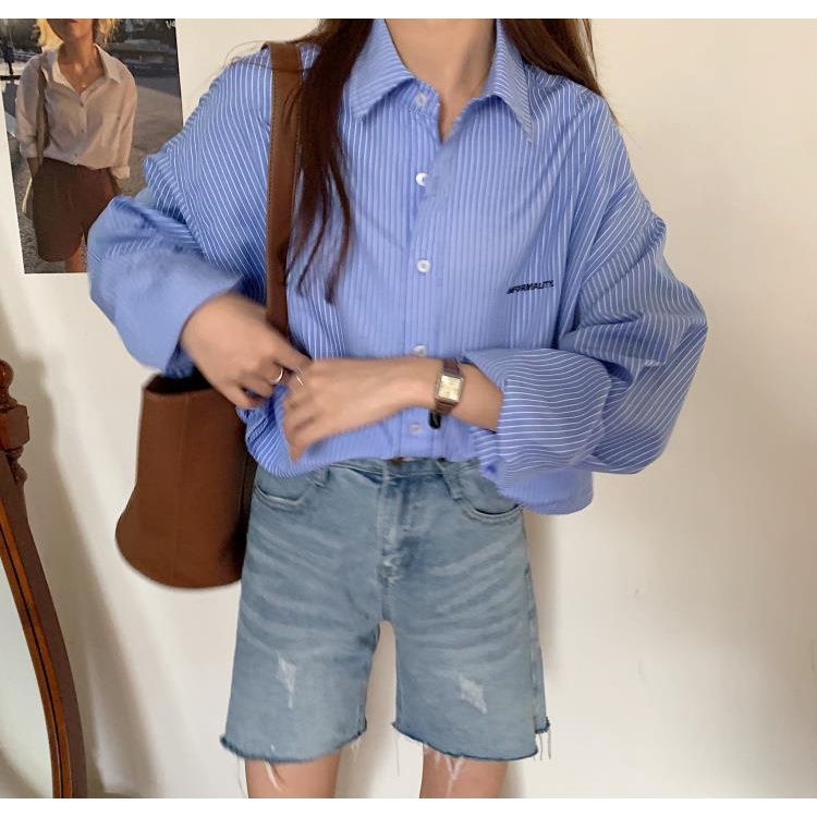 Áo sơ mi croptop tay dài kẻ sọc thêu họa tiết thời trang mùa hè xinh xắn dành cho nữ