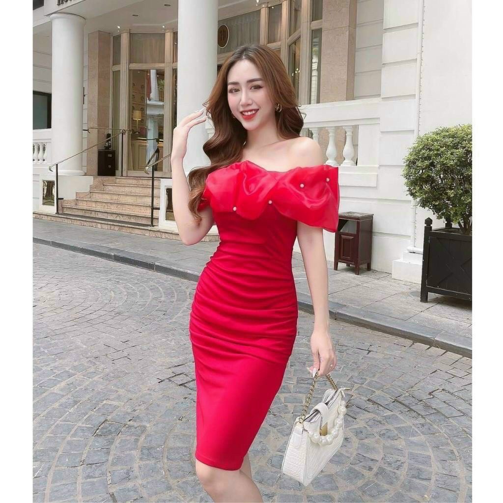Đầm body dạ hội dự tiệc trễ vai xếp ly cao cấp lên dáng sang chảnh