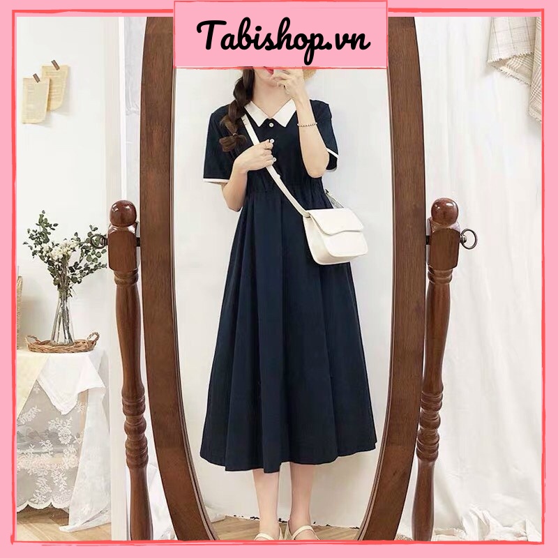 đầm dài suông phối nút cổ bẻ ngắn tay DUTIEC2