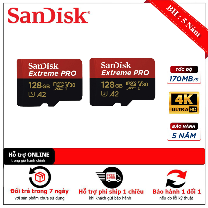 [HCM][Combo 2] Thẻ nhớ MicroSDXC SanDisk Extreme PRO A2 - 128GB V30 U3 Class 10 UHS-I 170MB/s (SDSQXCY-128G-GN6MA) - [Hàng Chính Hãng] Bảo Hành 5 Năm 1 Đổi 1