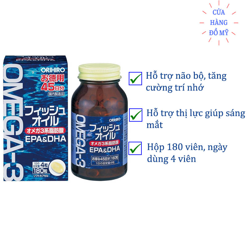 Viên Uống Dầu cá Omega-3 DHA EPA Orihiro Nhật Bản 180 Viên bổ sung Omega 3 - Shop Hong1008
