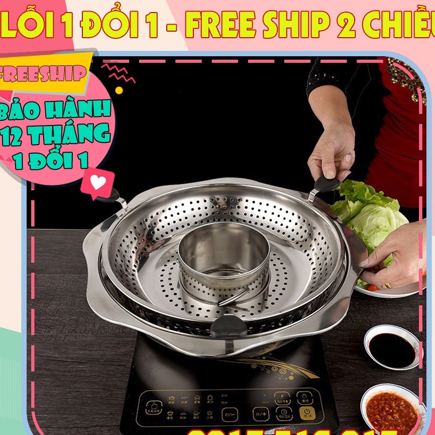 Nồi lẩu đa năng, Nồi lẩu xoay inox 2 tầng Hàn Quốc, Nồi lẩu xoay 2 tầng inox không kén bếp dùng được cả bếp từ và bếp gas