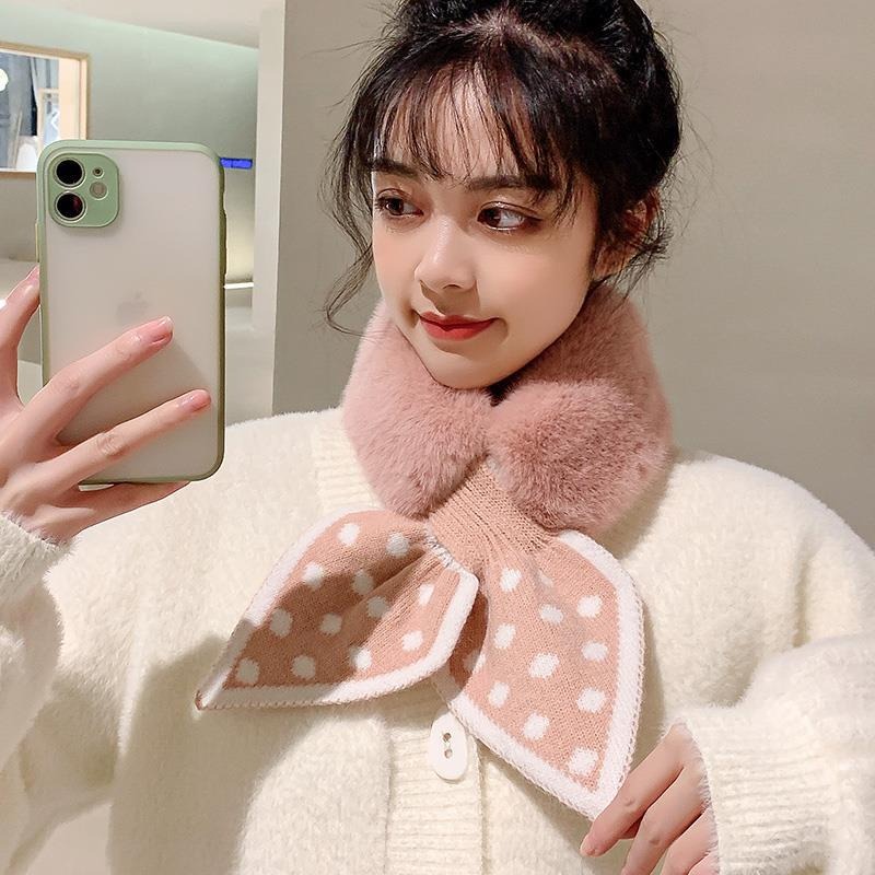 Khăn Quàng Cổ Nữ Lông Mềm Mịn Siêu Ấm, Khăn Quàng Cổ Lông Nơ Chấm Bi