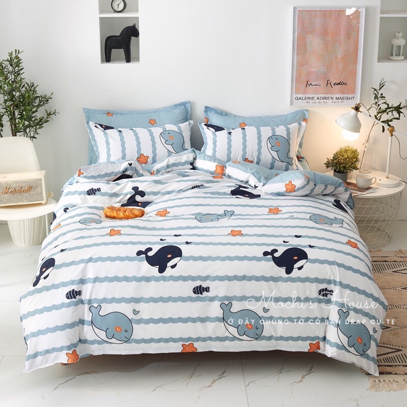 [VẢI SIÊU ĐẸP] BỘ CHĂN GA GỐI COTON POLY MẪU CÁ VOI SIÊU XINH