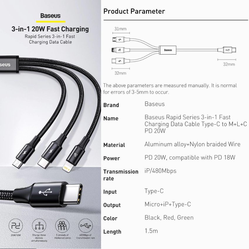 Cáp sạc nhanh 20W 3 đầu Baseus Rapid Series 3-in-1 (Type C to Type C/ Lightning/ Micro USB, Fast Charging & Data Cable)
