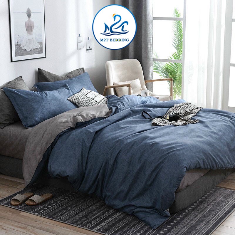 Bộ chăn ga gối Cotton poly M2T Bedding Xước xanh - chăn ga Hàn Quốc - miễn phí bo chun drap ga giường 1m2, 1m4, 1m6, 1m8, 2m2, may chun theo yêu cầu