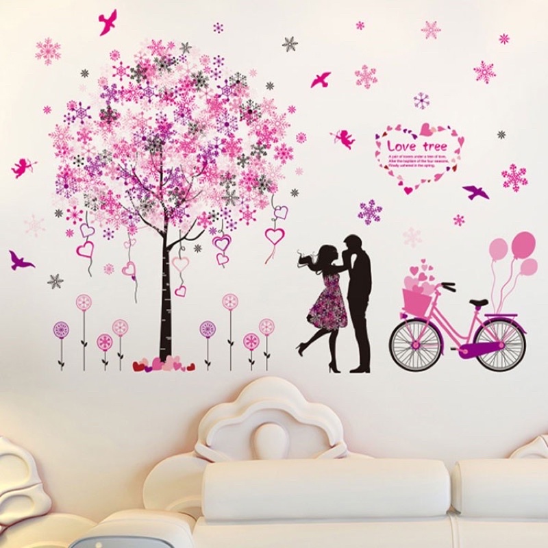 Combo 2 tấm decal dán tường phòng ngủ phòng cưới hoa hồng phấn và cây tình yêu