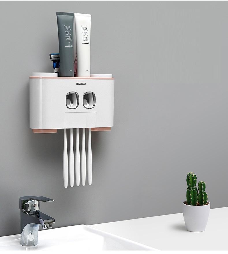 DỤNG CỤ NHẢ KEM ĐÁNH RĂNG ĐÔI ECOCO TIỆN LỢI (CÓ 4 CỐC, 5 KHE ĐỂ BÀN CHẢI KÈM MIẾNG DÁN CƯỜNG LỰC)